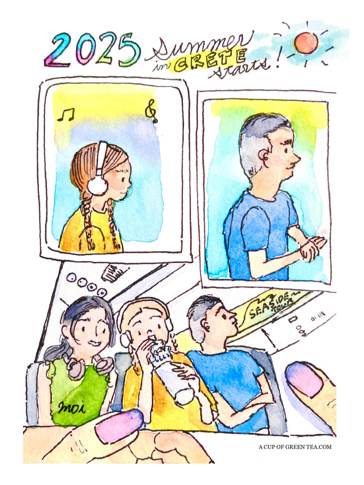 Comic Travel Illustration – Chania, Crete 2025 Watercolour comic travel illustration of Chania, Crete trip 2025 by A Cup of Green Tea Illustration.