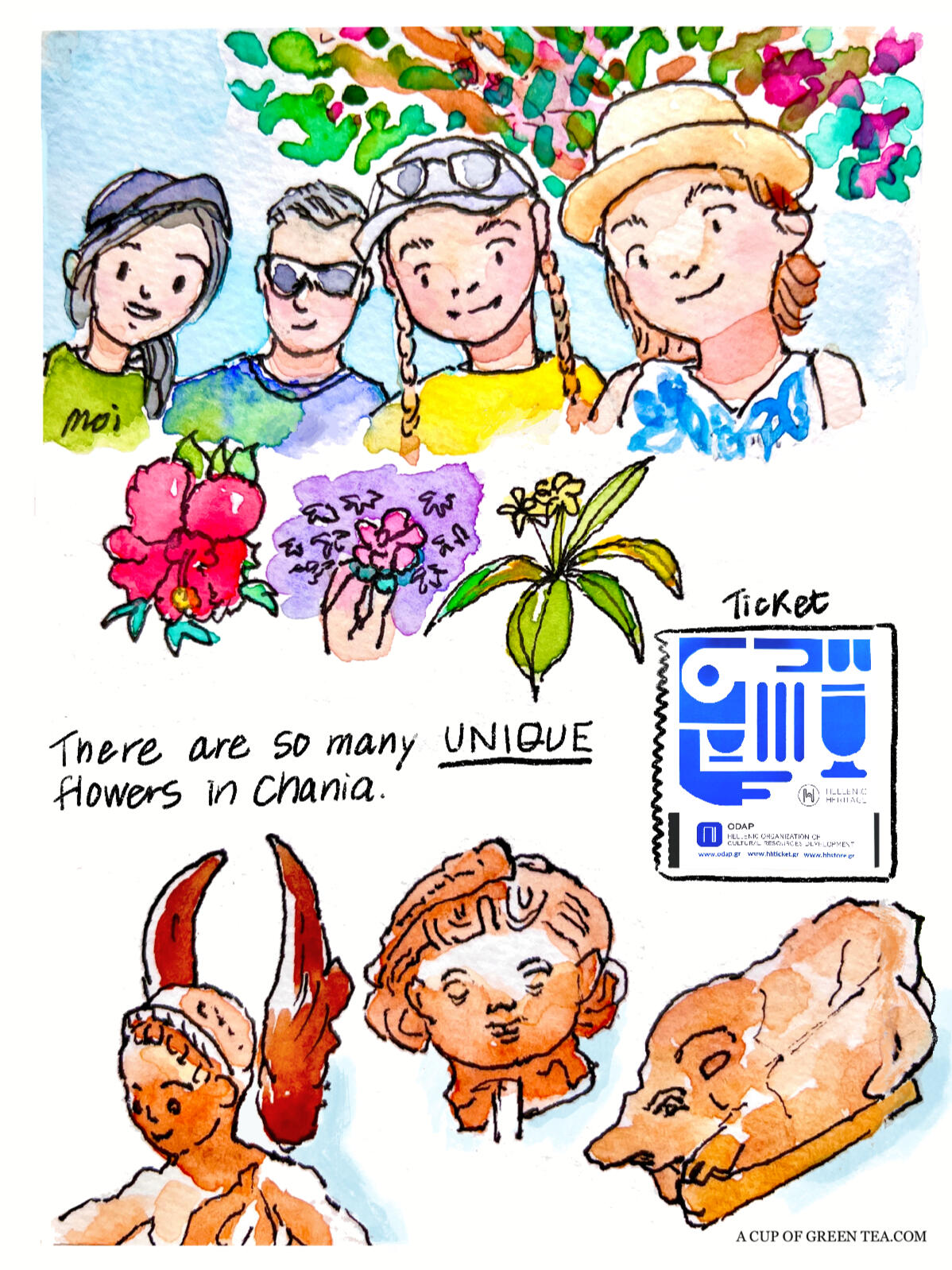 Chania, Crete 2025 Watercolour comic travel illustration of Chania, Crete trip 2025 by A Cup of Green Tea Illustration.