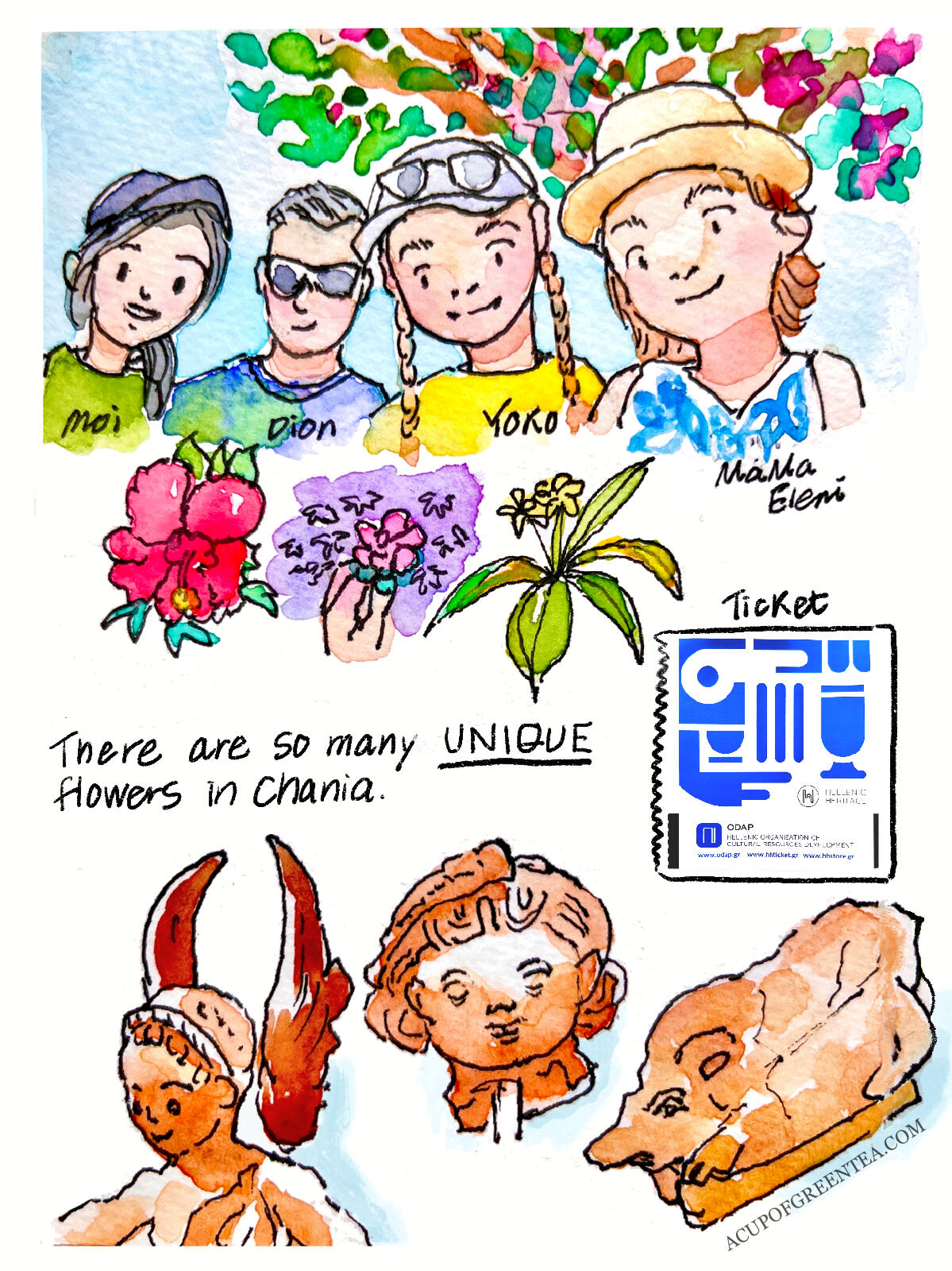 Chania, Crete 2025 Watercolour comic travel illustration of Chania, Crete trip 2025 by A Cup of Green Tea Illustration.