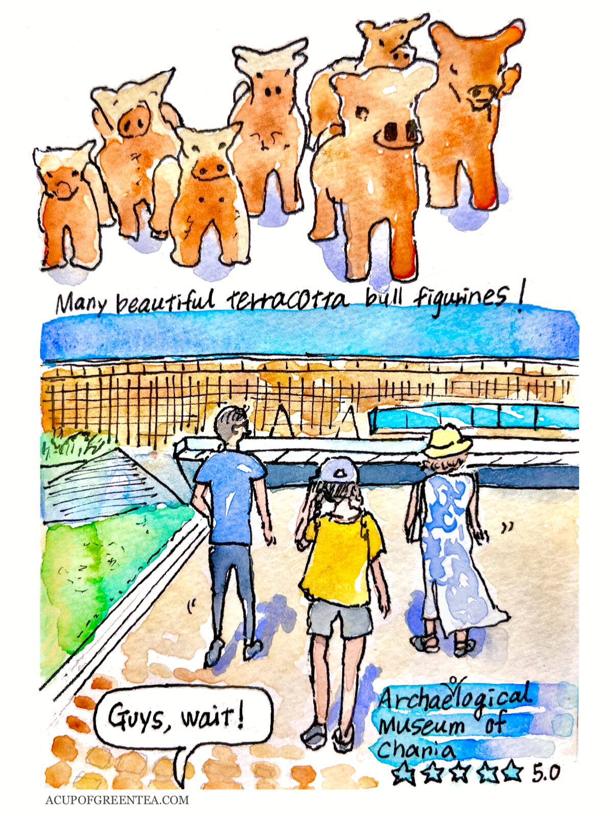 Chania, Crete 2025 Watercolour comic travel illustration of Chania, Crete trip 2025 by A Cup of Green Tea Illustration.