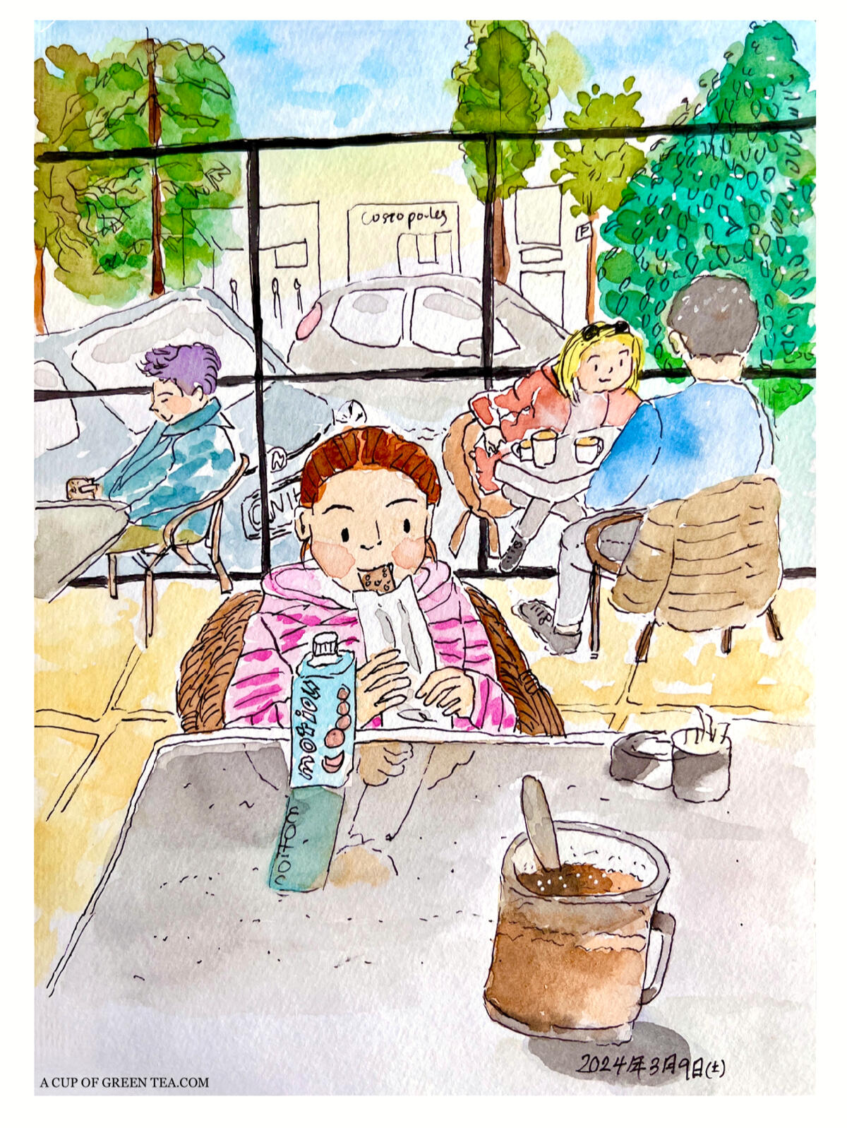 A CUP OF GREEN TEA Illustration A drawing of my daugther having a breadstick in a Greek cafe!